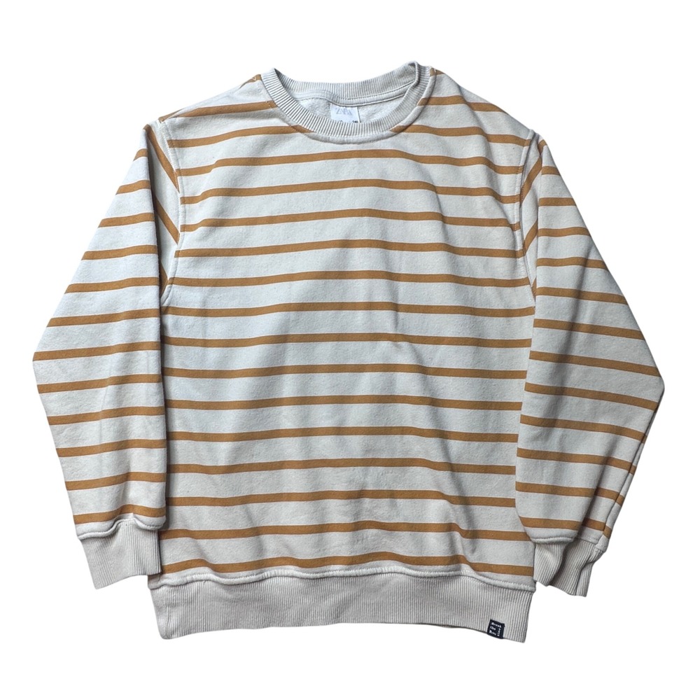 ZARA Sweatshirt Women 10 Cream Mustard Yellow Striped Crewneck Fleece Pullover